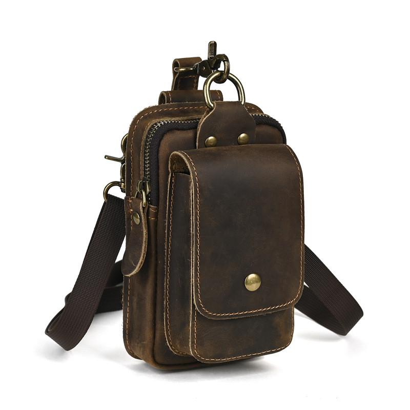 New Men's Genuine Cow Leather Waist Bag Belt-worn Outdoor Multi-compartment Water-repellent Fanny Pack 7-inch Phone Holder for Daily Travel Hiking