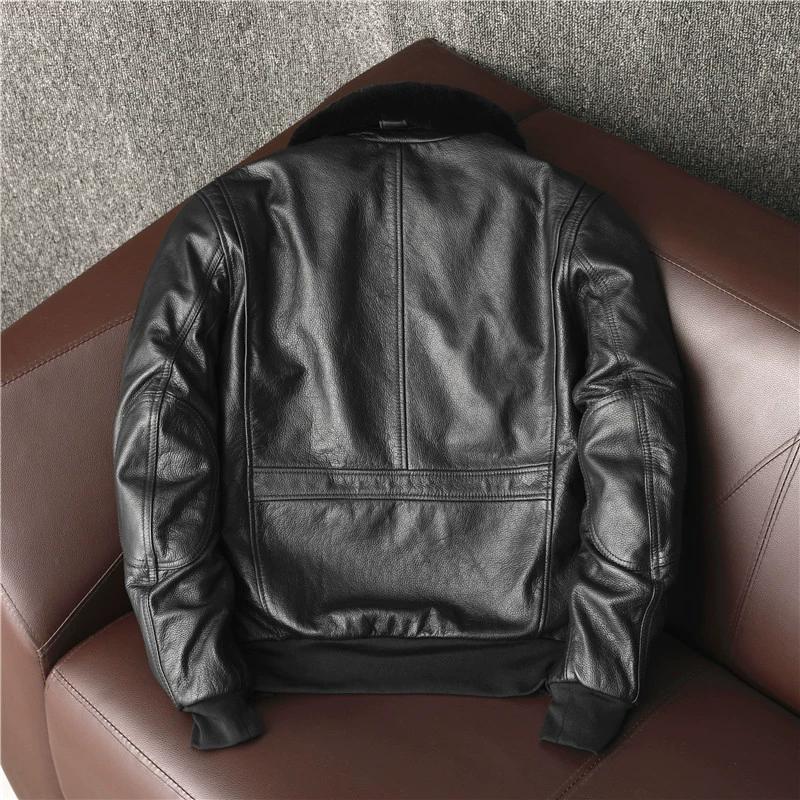 Men Genuine Leather Bomber Jacket 100% Top Grain Cowhide Winter Warm Flight Jacket Plus Size Padded Coat