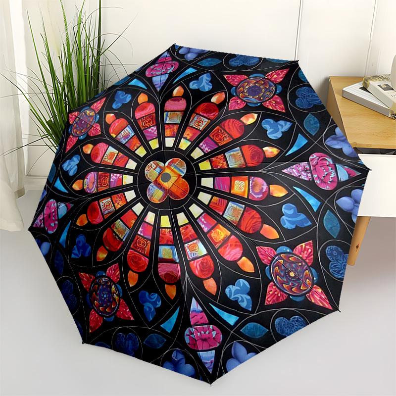 1pc Stained Glass Bird Design Automatic Folding Umbrella, Portable 3-Fold Design with 8-Bone Iron Frame, Outdoor, Festive Gift for Fans, Travelers, Da