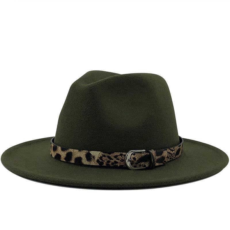 Fashion leopard print belt woolen top hat ladies jazz hat autumn and winter versatile felt hat flat edge top hat church hat