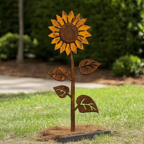 Rostige Blumenbeet-Stange Dekoration Wetterfest Innen Außen Hof Rasen Terrasse Weg Metall Blumen-Silhouette Schild Stange Ornament