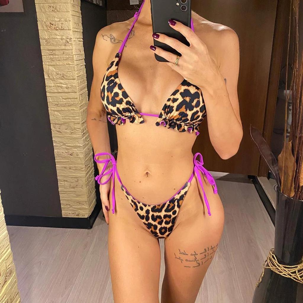 Dwustronny dwuczęściowy strój kąpielowy bikini w panterkę dla kobiet, strój kąpielowy dla kobiet, trzyczęściowy zestaw bikini, strój kąpielowy