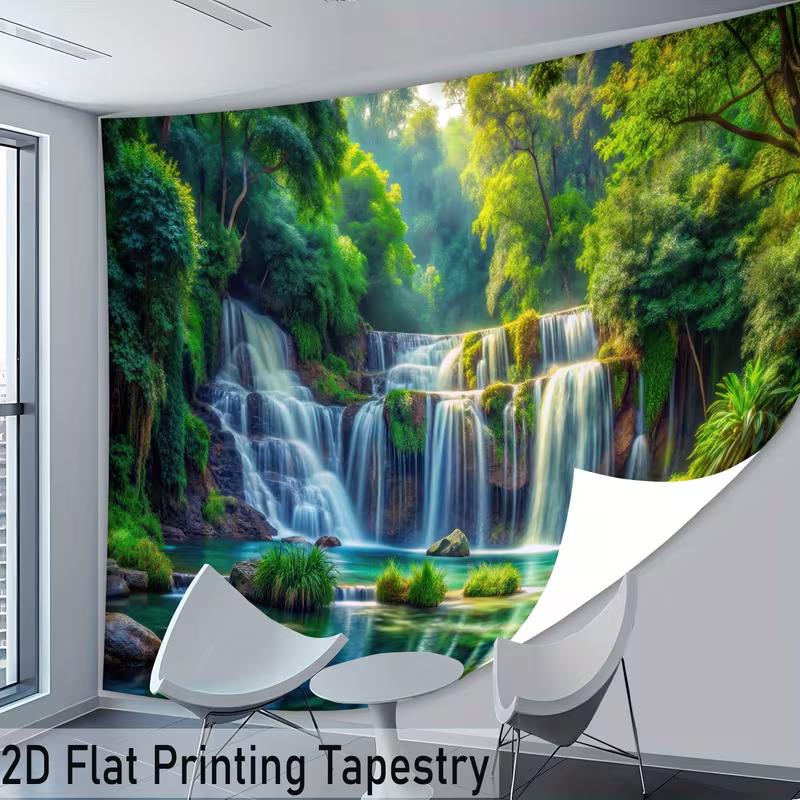 2D Tropical Waterfall Tapestry Lush Rainforest Background Cloth