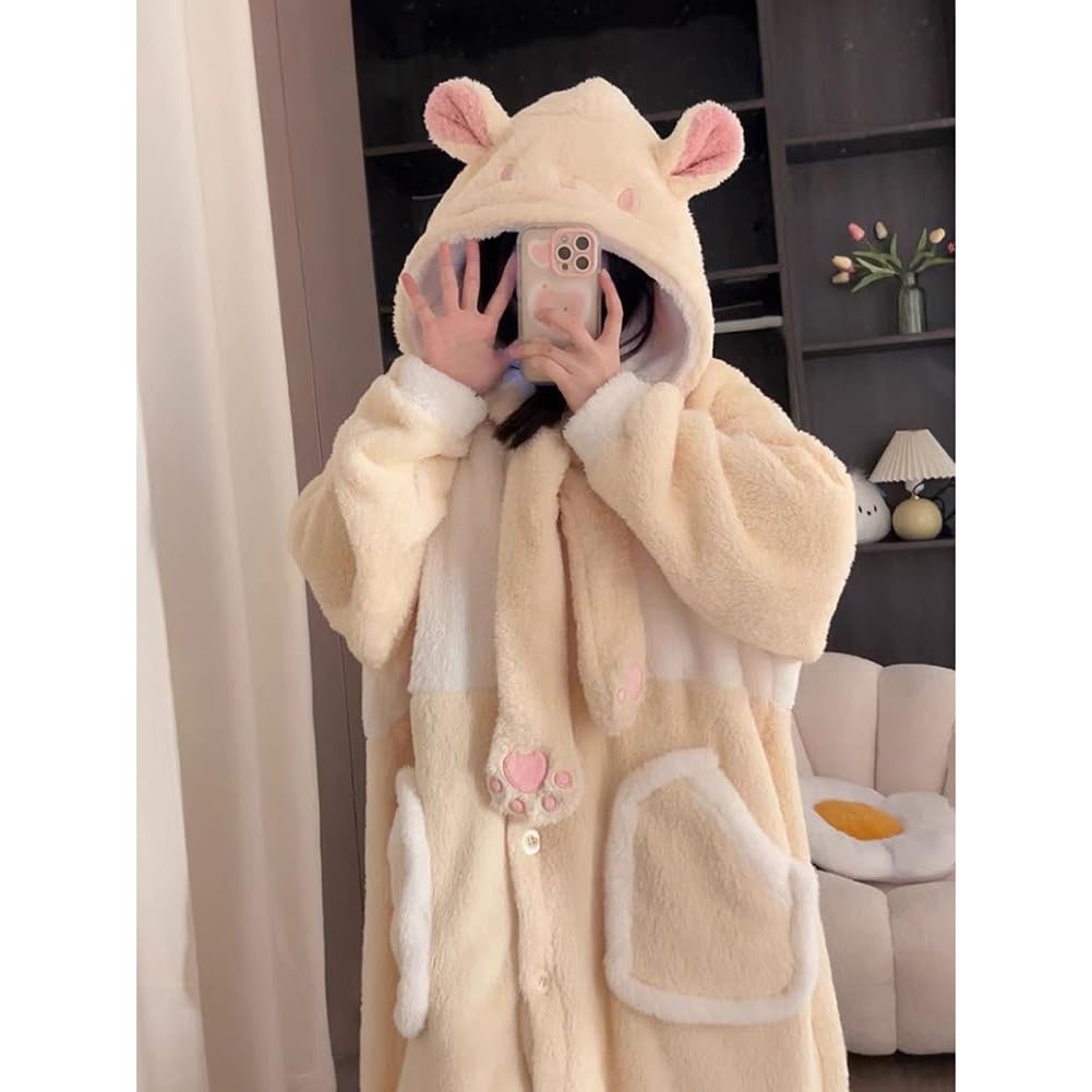 BREAORTION Hamster Pajamas for Long Cute and Casual for Fall and Winter Women, Skin-Friendly, Open-Front, Sleeves, Loungewear, (JP, Alphabet, L,