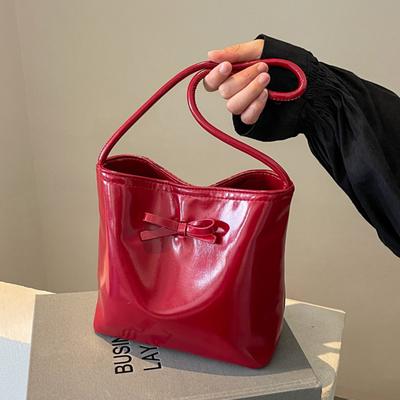 Simple Bow Bucket Bags For Women  Summer New Solid Color Pu Leather Handbags Large Capacity One Shoulder Underarm Bag