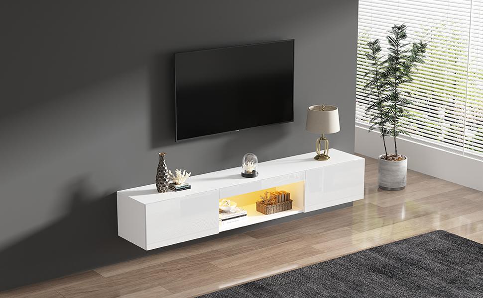Mobile da Parete Bianco Lucido 160*31*22cm per TV da 70 Pollici, Capacità di Carico 30kg, con Illuminazione LED, Controllo App Bluetooth, Supporto TV da Parete