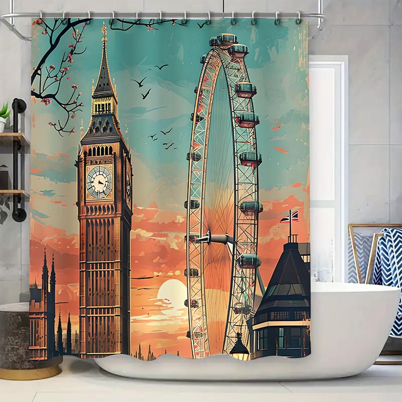 

Charming London Skyline Shower Curtain Featuring Big Ben And The London Eye For Bathroom Decor Add A Touch Of British Charm W60H190(CM)-1 Pcs