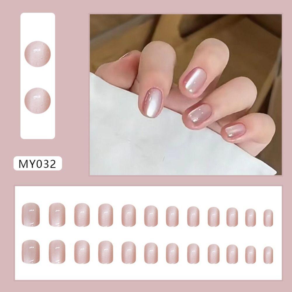 Short Round False Nails Pink Cat Eye Nail Tips Detachable Fake Nails  for DIY