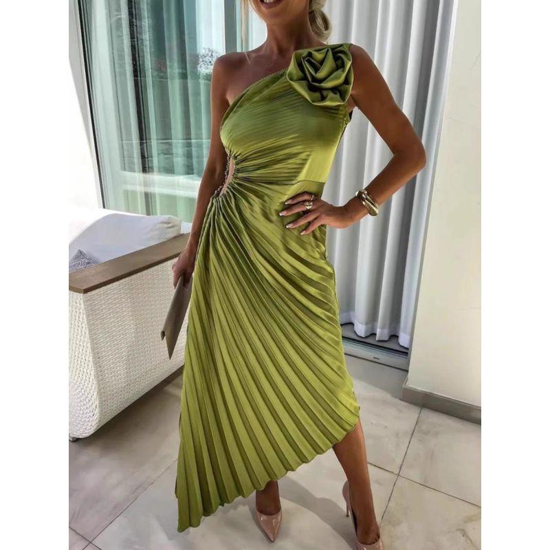 Fashion Solid Casual Sexy Temperament One Shoulder Slant Collar Pleat Hollow Out Formal Dress Long Dress Summer Long Dress