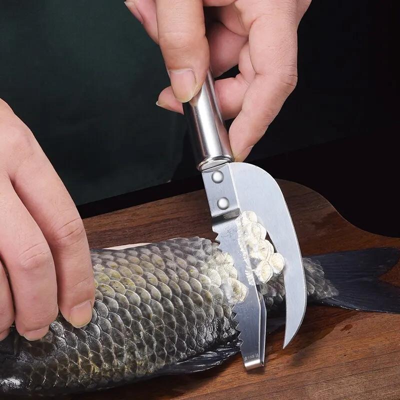 Scale Scraper 3 in 1 Stainless Steel Fish Scale Knife Sawtooth Scraping Boning Filleting Cut Dig Maw Knife Remove Scale Brush