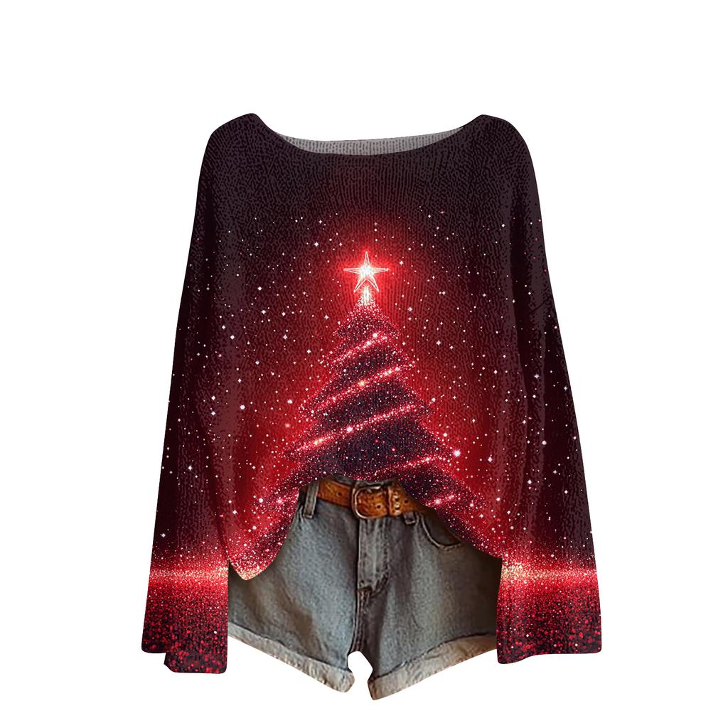 Ladies' Fashionable Casual Long Sleeved Christmas Printed Round Neck Knitted Yarn