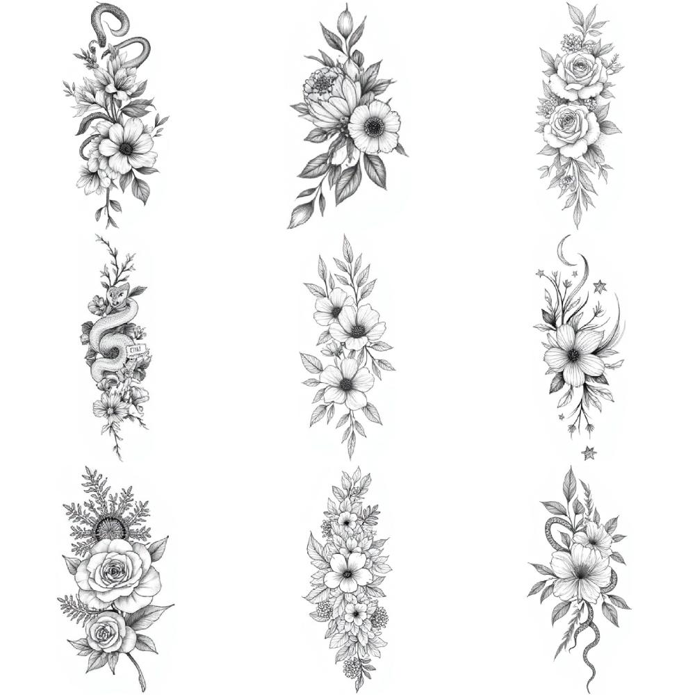 9pcs Temporary Tattoo Waterproof Long-lasting Body Stickers Floral Design Artistic Flowers Floral Illustration For Back Thighs