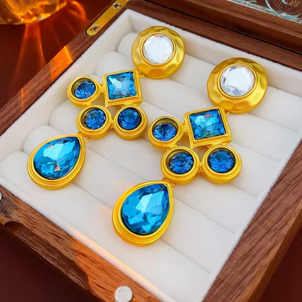 Sparkle Aquamarine Ear Clip Rhinestone Drop Earring Luxury Stud Earring  Office Lady