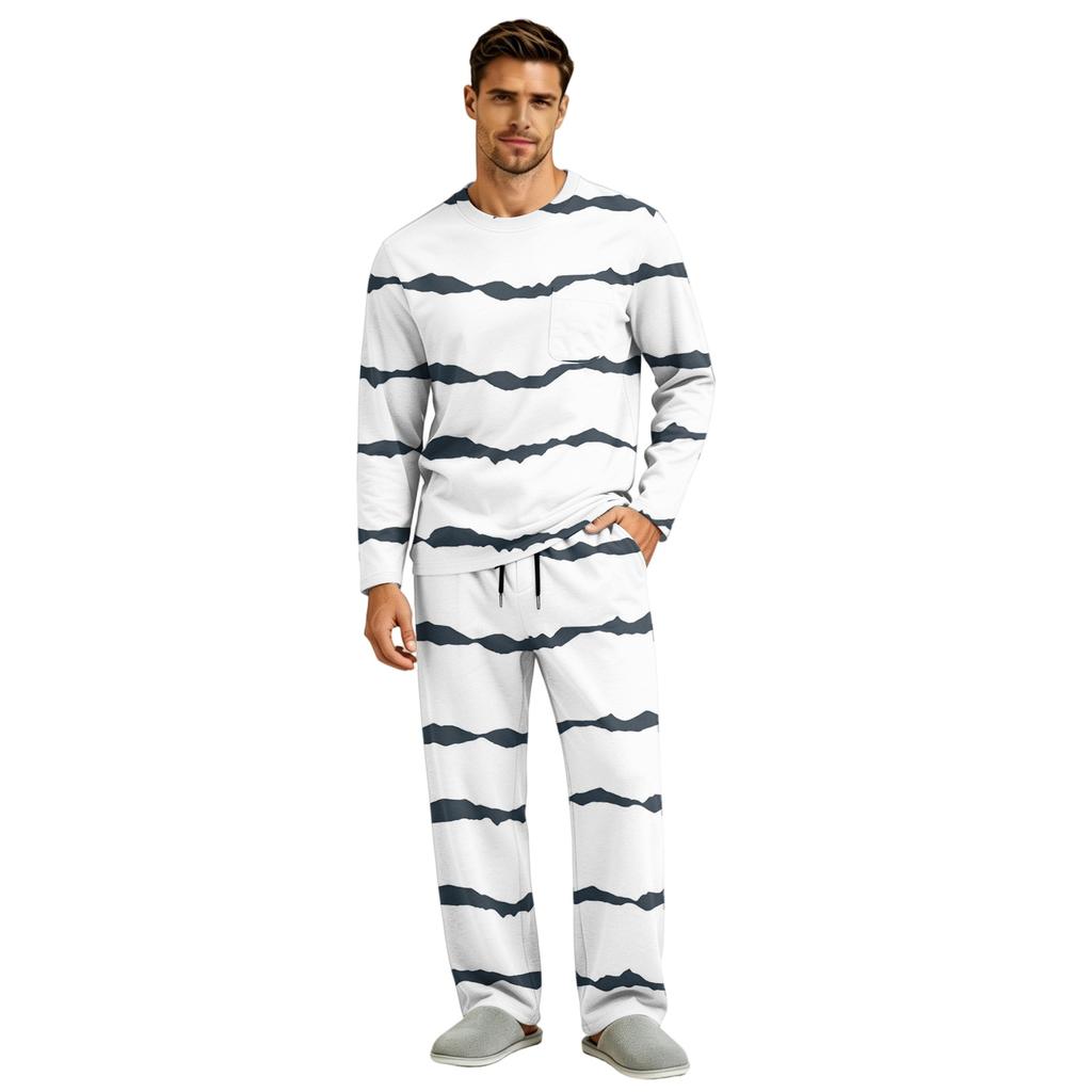 Men's Pajama Set Long Sleeve Top and Long Pants with Button Crotch and Elastic Drawstring Waist for Home Loungewear