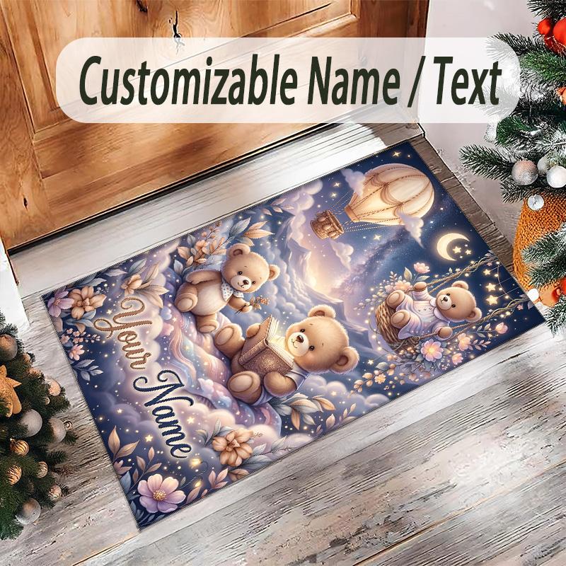 Teddy Bear Theme Crystal Velvet Rug Personalized Custom Name Text Soft Floor Mat Home Decor