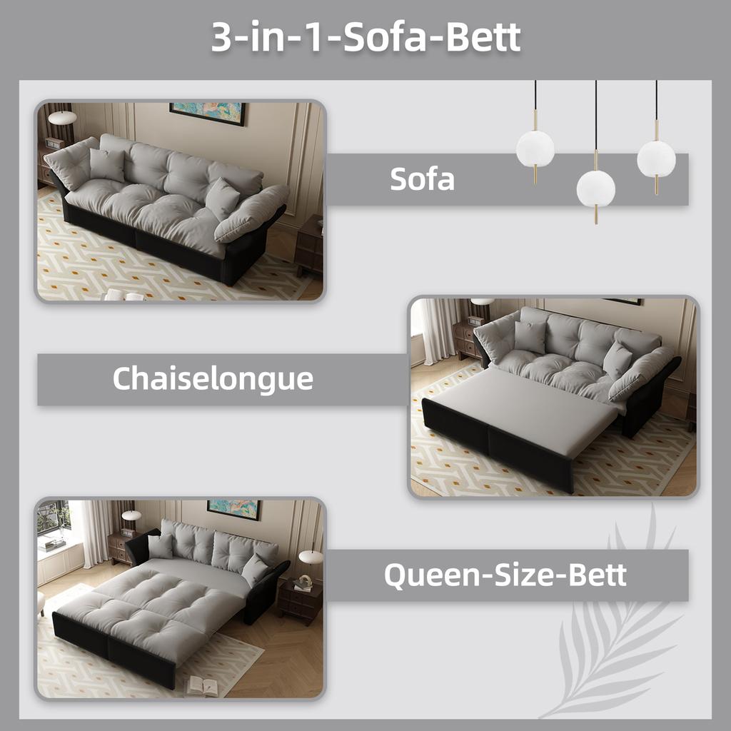 190 Cm Queen-Size Pull-Out Sofa, 3-in-1 Convertible Sofa Bed with Tufting and 2 Soft Cushions, Multifunctional Velvet Sofa Bed, Light Grey