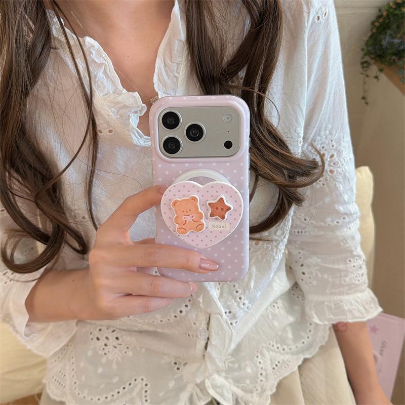 Japanese & Korean Polka Dot Heart Bear Magnetic Case for iPhone 17, 16 Pro Max, 15, 14 - New Model