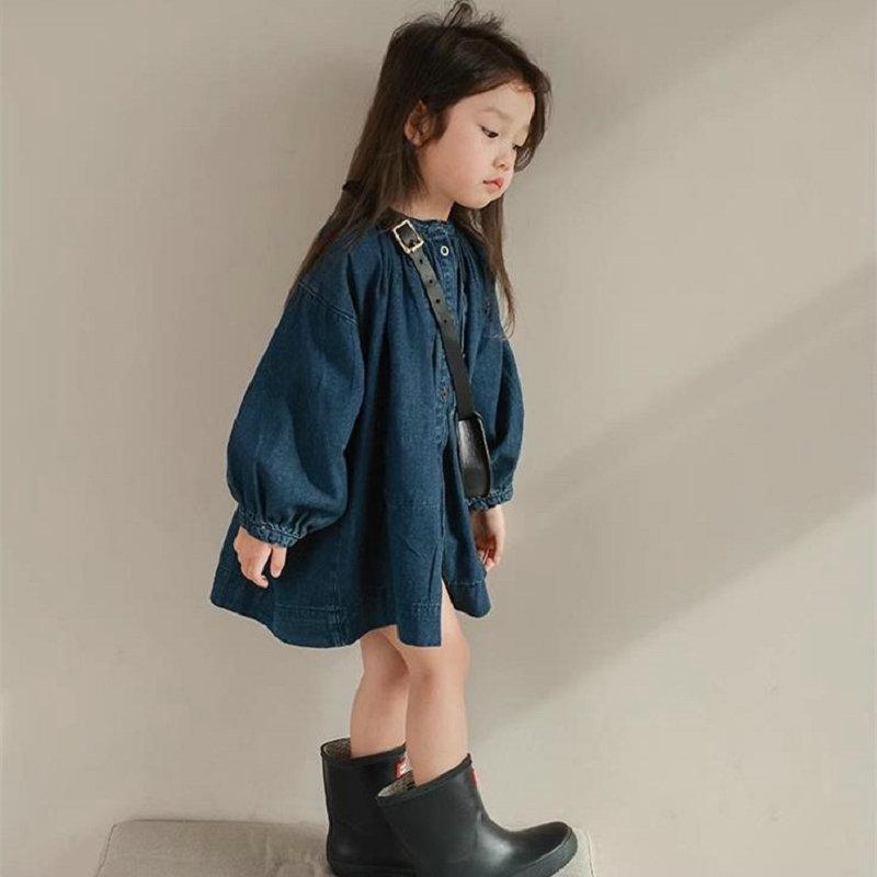 Girls Long Sleeve Dress Solid Color Denim Dress Children Spring Autumn Loose Casual Buttons Tops Dresses for Kids