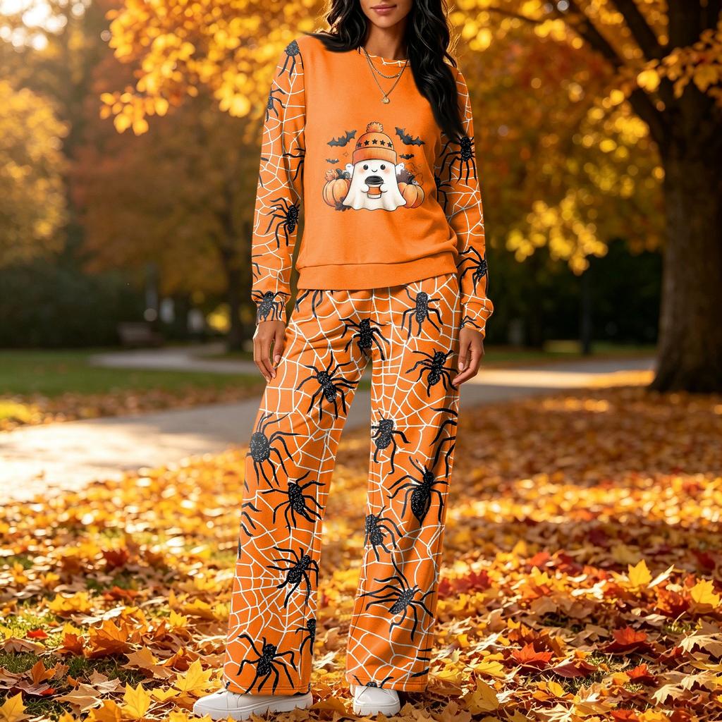 Women's Casual Loose Fit Crewneck Halloween Print Sweatshirt and Pants Set
