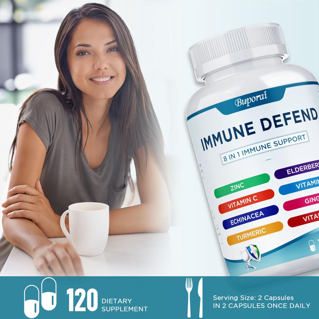 Multivitamin capsules, containing zinc, elderberry, vitamin D3, turmeric, immune support, antioxidant support, suitable for adults.