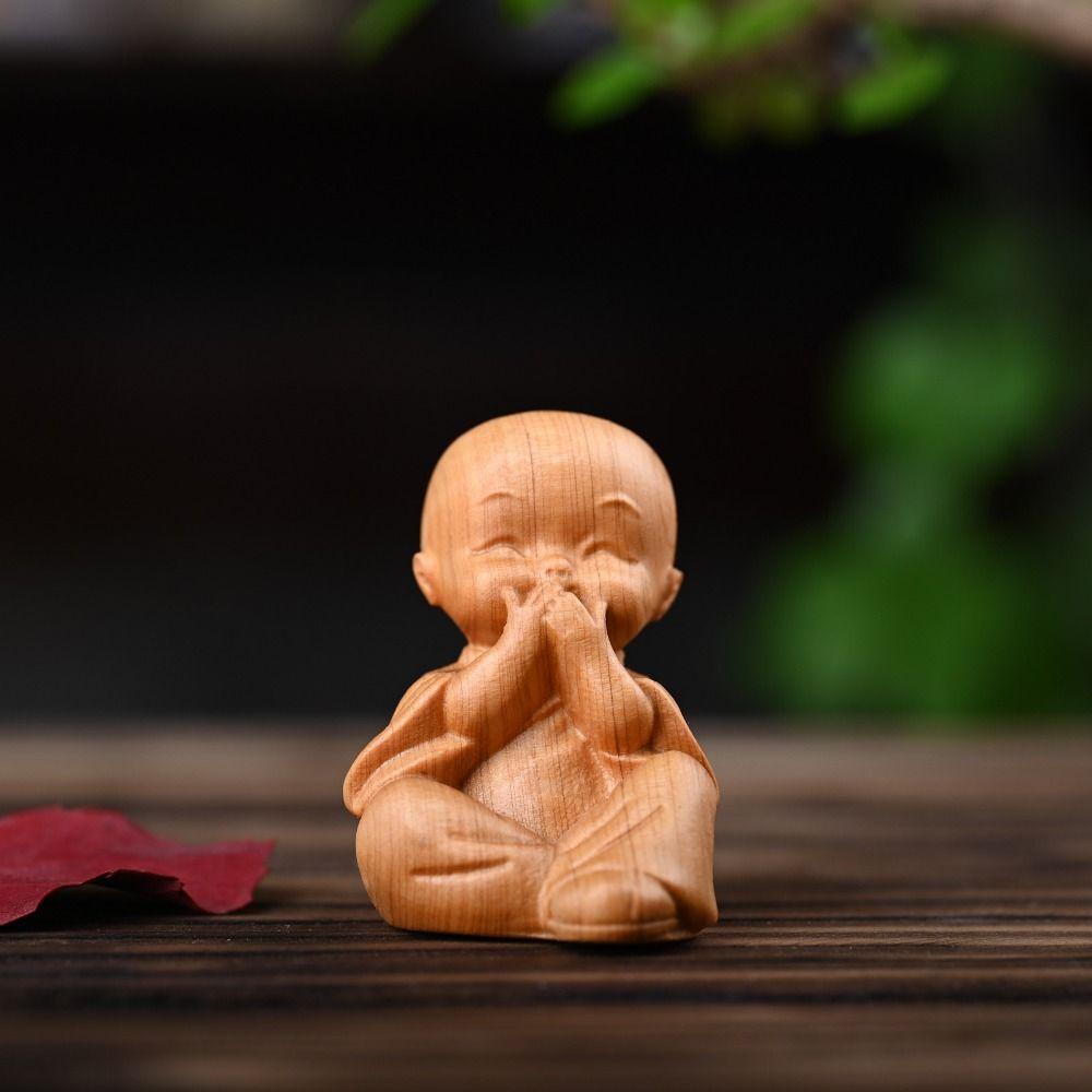 Decorative Monks Statue Hand-held Wood Carved Ornaments Antique Little Monks Sculptures  Desktop