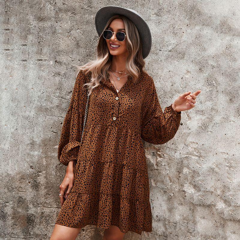 

Neck Button Full Sleeve Dot Above Knee Mini Dresses 2022 New AUBURN L