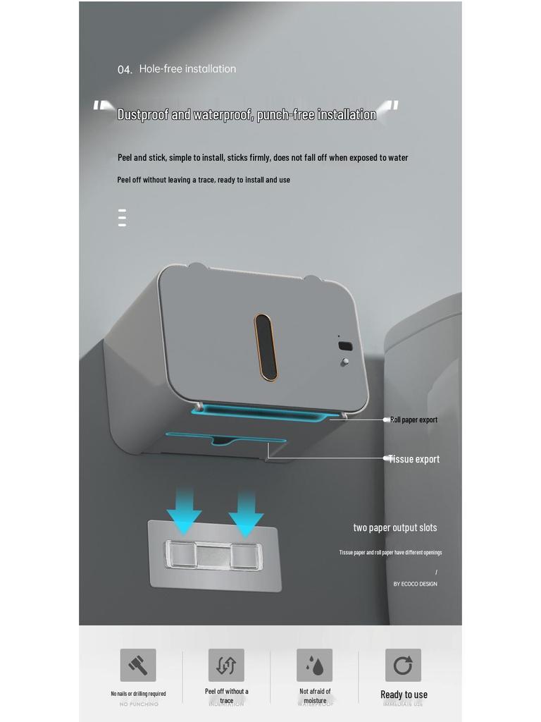 Smart Sensor Toilet Paper Holder, Automatic Wall-Mounted Dispensing, Punch-Free, Waterproof.