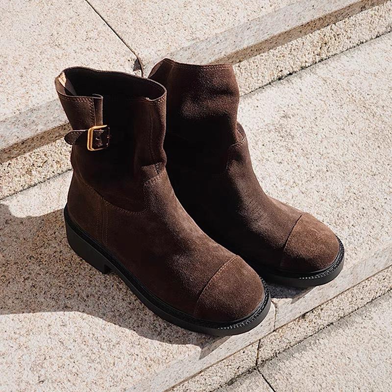 Vintage niche suede suede belt buckle Martin boots women's autumn and winter velvet round head thick heel short boots cowboy boots