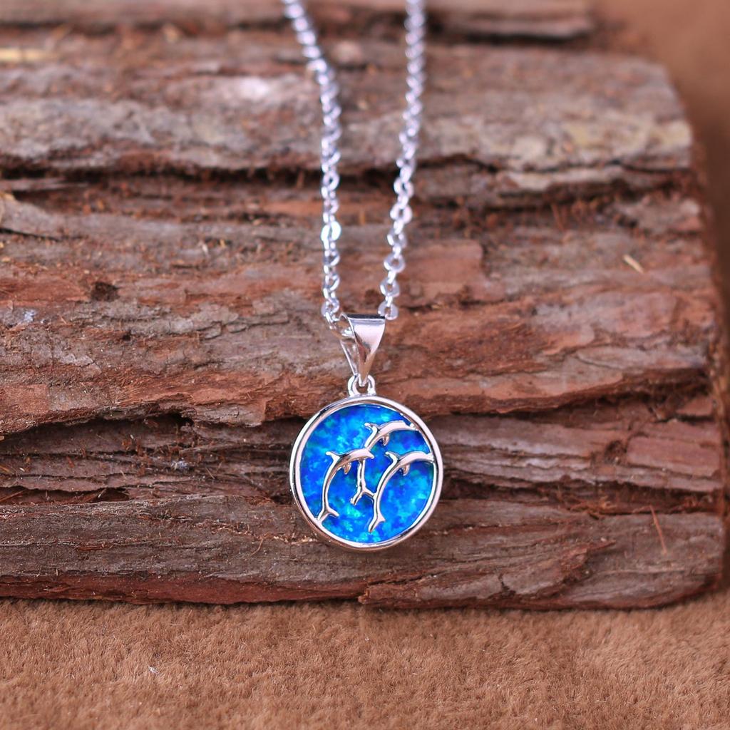 KELITCH Synthetic Opal Choker Necklace with Dolphin Pendant, 16-18" Chain Necklace (Blue)