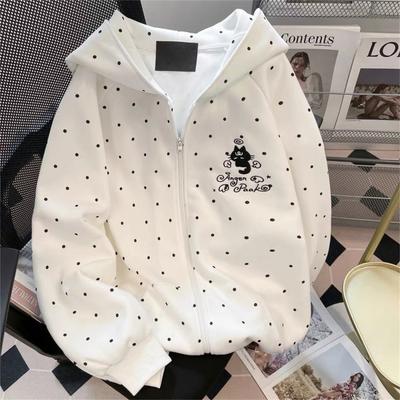 Söt prickig kattbroderad huvtröja Höst Vinter Söt Lös Zipper Cardigan Jacka Harajuku Casual Tröjor 2026 Ny