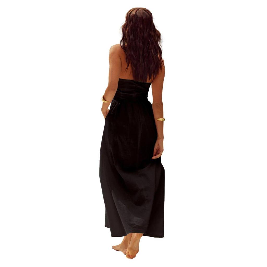 Women Spring Sleeveless Strap Slim Halter Dress Summer Casual Ankle-Length Backless High Waist Pocket Dresses S-XL