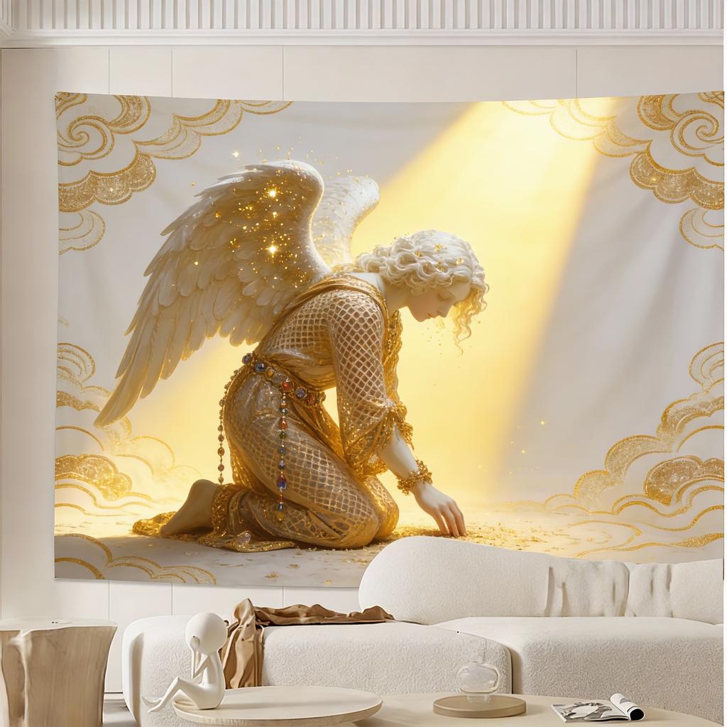 Luxurious Saint Michael Angel Golden  White Tapestry  Intricate Heavenly Design with Radiant Stars HighQuality Polyester Fab