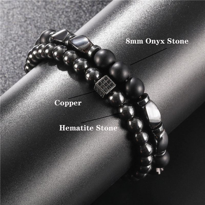 Stylish 2Pcs Men Bracelet Set Natural Hematite Stone Braclet Luxury Zirconia Strand Braslet Meditation Beaded Pulseria Homme