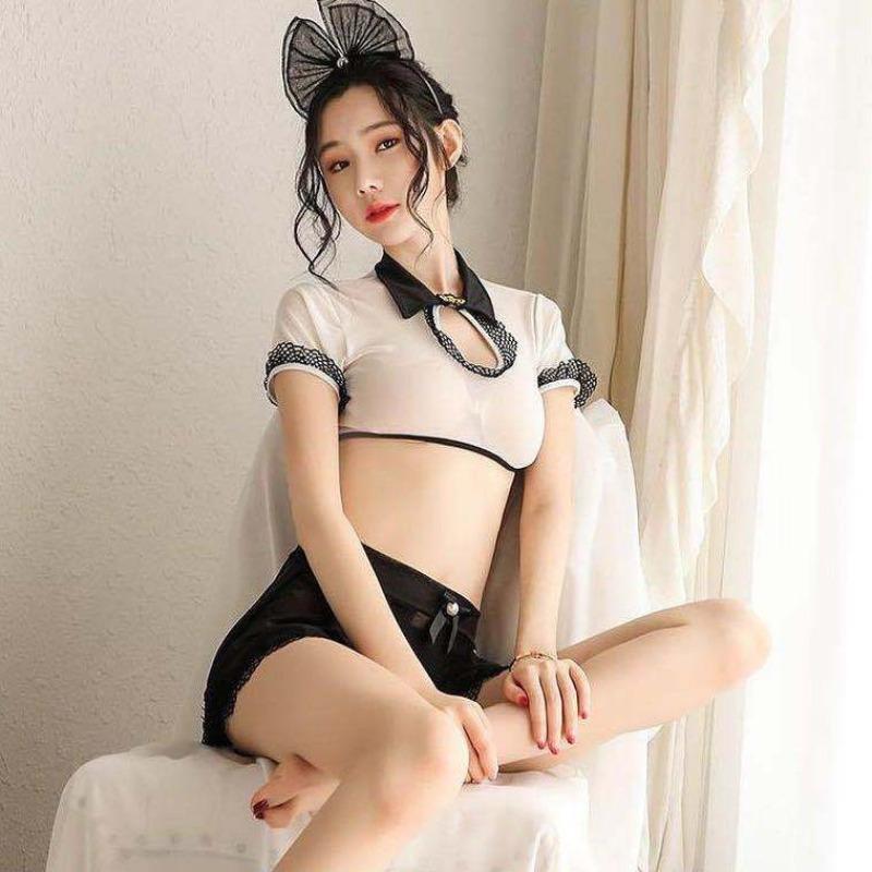 Sexy Lingerie Sexy Maid Student Uniform Open Door Free Large Size One-piece Pajamas Bed Lace Set