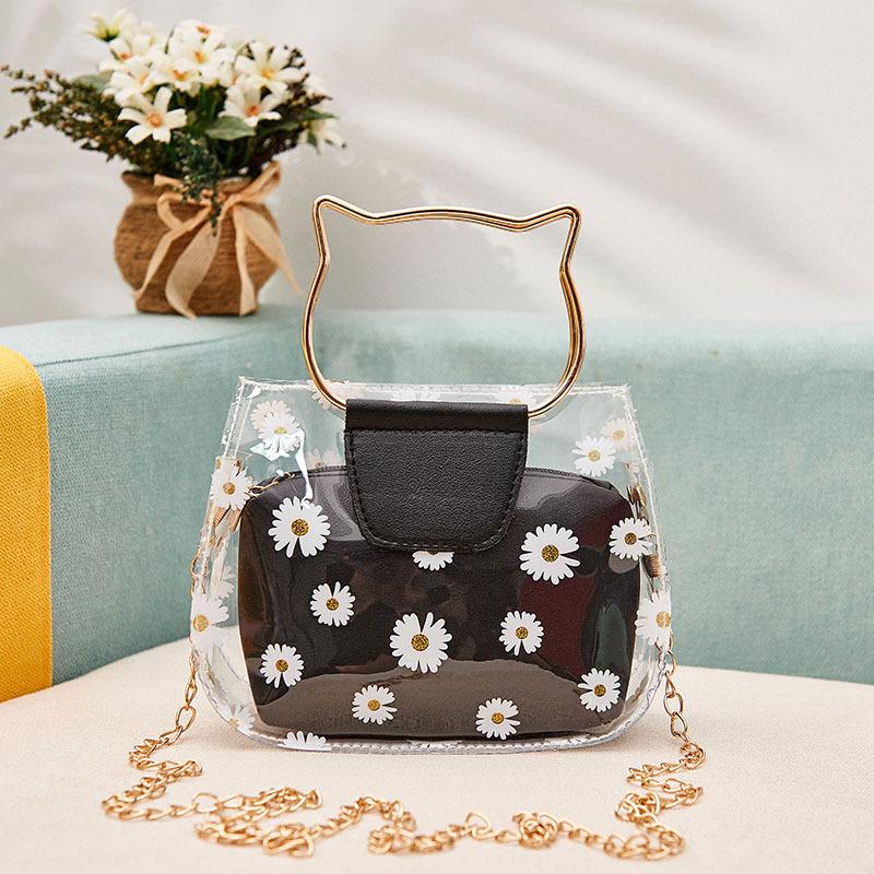 

2026 New Transparent Printed Small Handbag Fashi Clear Mini Tote Bag for Women чёрный