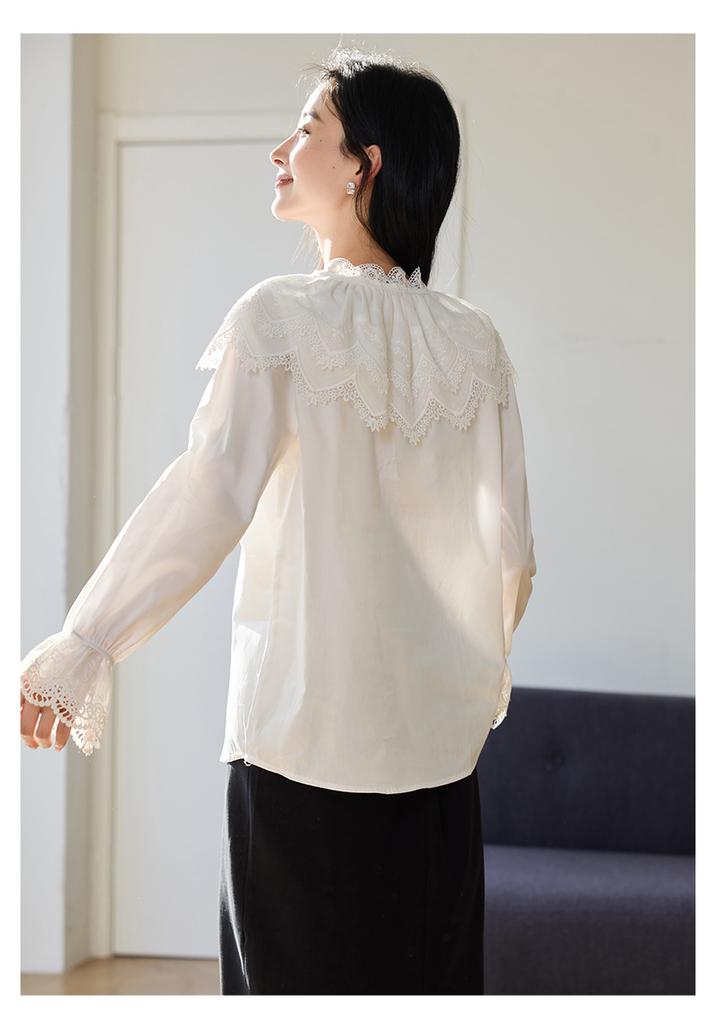 Spring "Bohemian" series gentle fairy style top sweet lace doll collar tied shirt