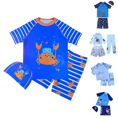 Boys Summer Three-Piece Swimsuit Set Short Sleeve Rash Guard Swim Shirt Swim Shorts Swim Cap Astronaut Print Sun Protection Swimwear