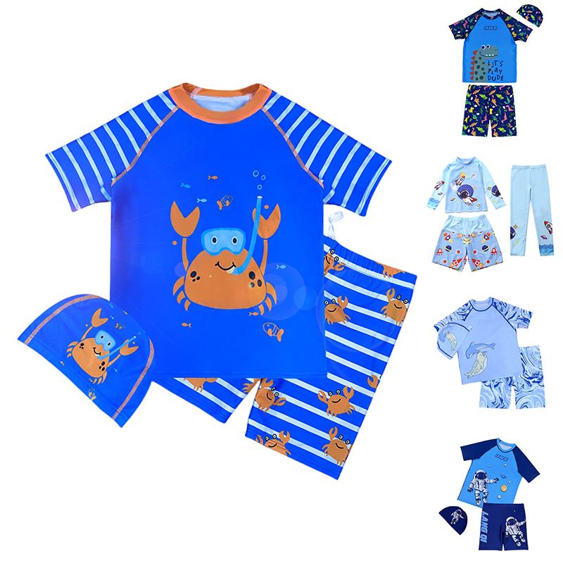 Boys Summer Three-Piece Swimsuit Set Short Sleeve Rash Guard Swim Shirt Swim Shorts Swim Cap Astronaut Print Sun Protection Swimwear