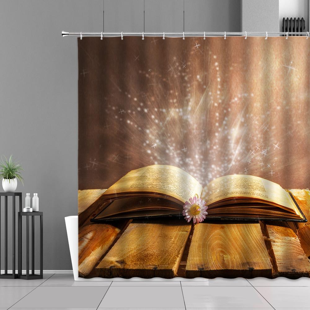 Library Old Wooden Booksheld Shower Curtain Magic Book Design Bath Curtain Study Room Temple Decoration Bathroom Decor Screens