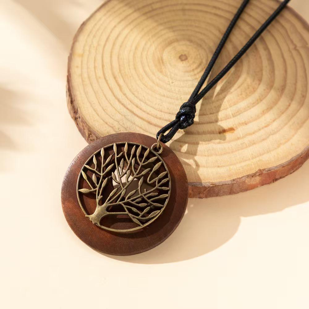Retro Leather Rope Necklace with Wooden Alloy Pendant for Cotton and Linen Sweaters