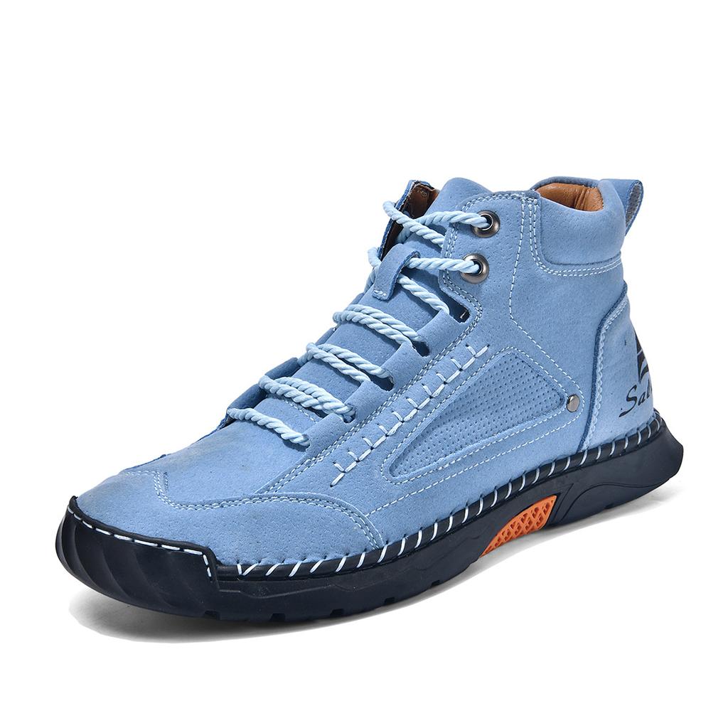 Large-size men's high-top leather boots Hand-stitched ankle boots Flat-soled lace-up casual shoes