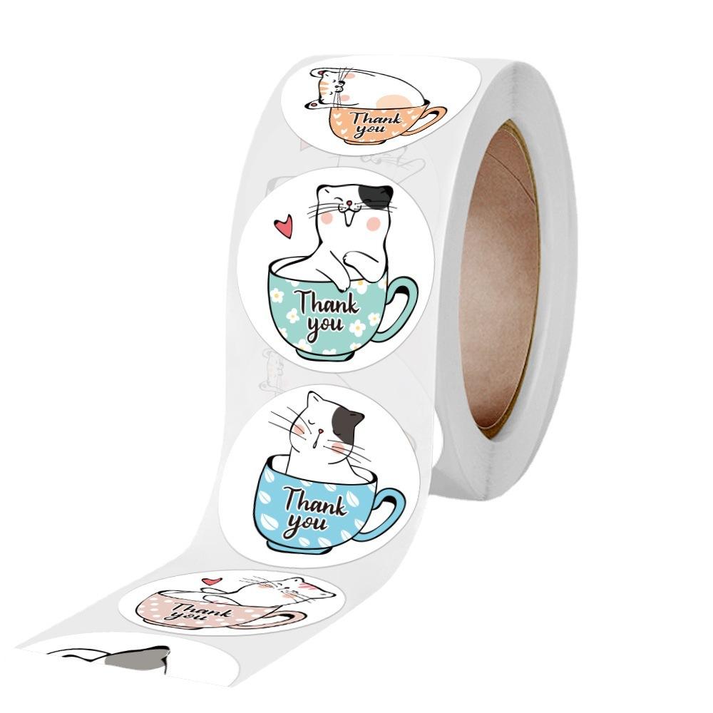 

500Pcs Cat in Cup Thank You Stickers - Adorable Animal Seal Labels for Gift Wrapping, Envelope Decor & Party Favor Packaging