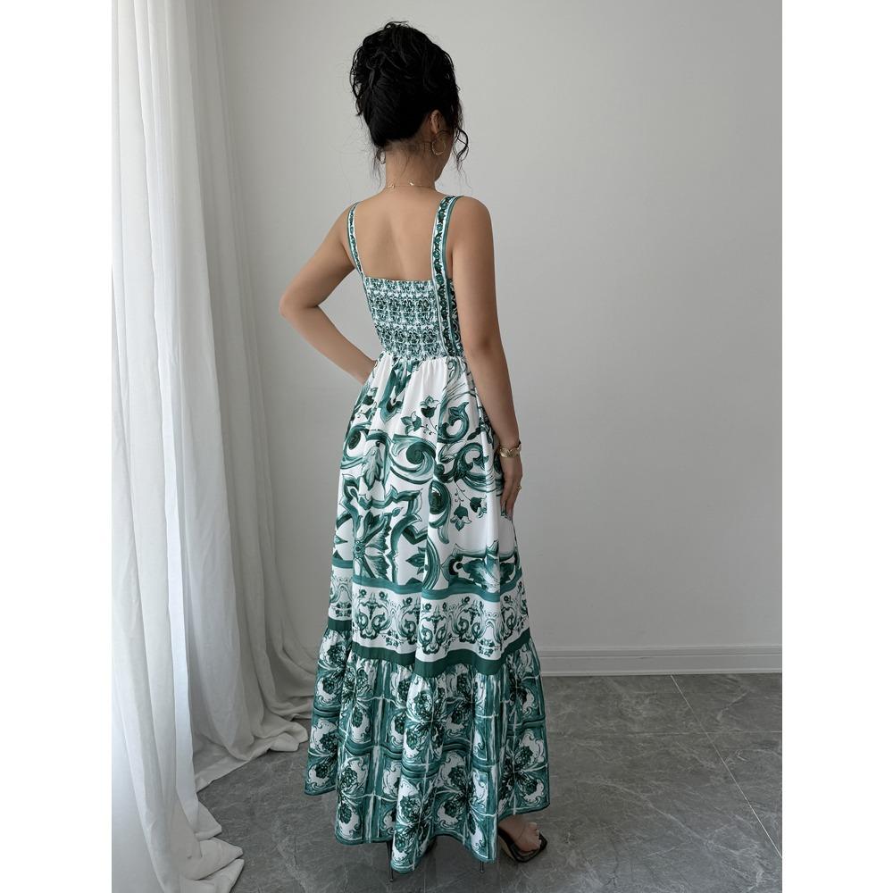 Casual Simple Suspender Printed Long Skirt Dress Women's Autumn and Winter 2025