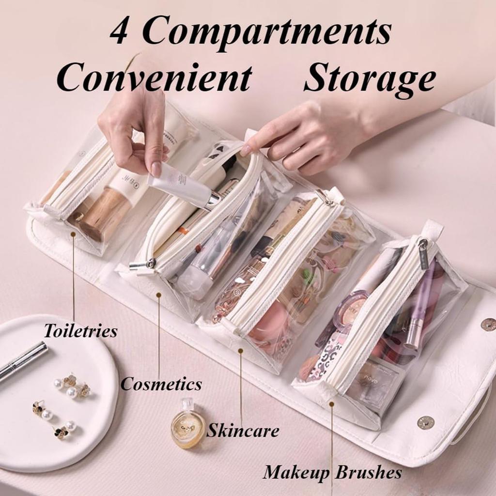 Travel Toiletry Bag 4 Detachable Clear Multi Compartment Hanging Makeup Bag Leather 4 In 1 Roll Up Large Capacity Compact Foldable Cosmetic Bag