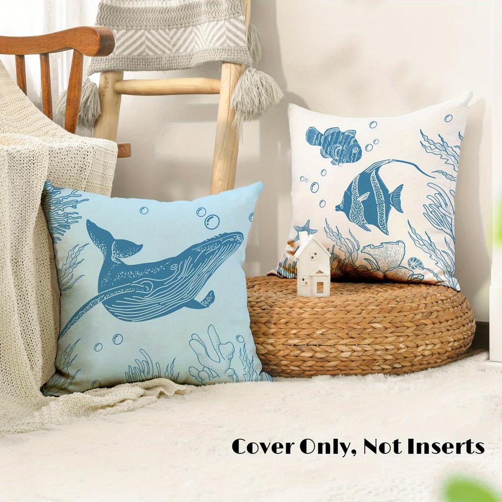 Summer Ocean Series Throw Pillow Covers: Marine Life Shell Seahorse Turtle Print Throw Pillow Covers Set Of 4 - Zipper Closure,