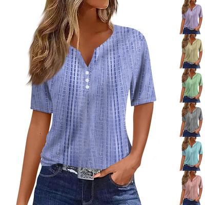 Damen-T-Shirt, T-Shirt, bedruckt, Knopfleiste, kurzärmelig, für den Alltag, Wochenende, modisch, Basic, V-Ausschnitt, normales Oberteil