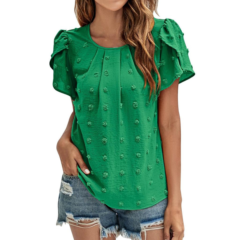 Moda damă plisată cu gât rotund, ocazional, culoare solidă, cu mâneci petale, top lejer