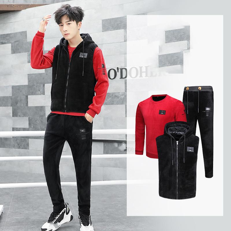 

Мужской зимний теплый костюм, круглый вырез, длинный рукав, капюшон, майка + утепленные брюки, комплект из двух предметов XS