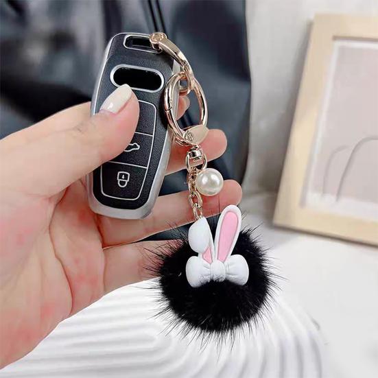 Keychain Rabbit Ear Soft Plush Ball Charm Key Chain Car Keys Bags Backpacks Kids Travel Accessories Stress Relief Gift