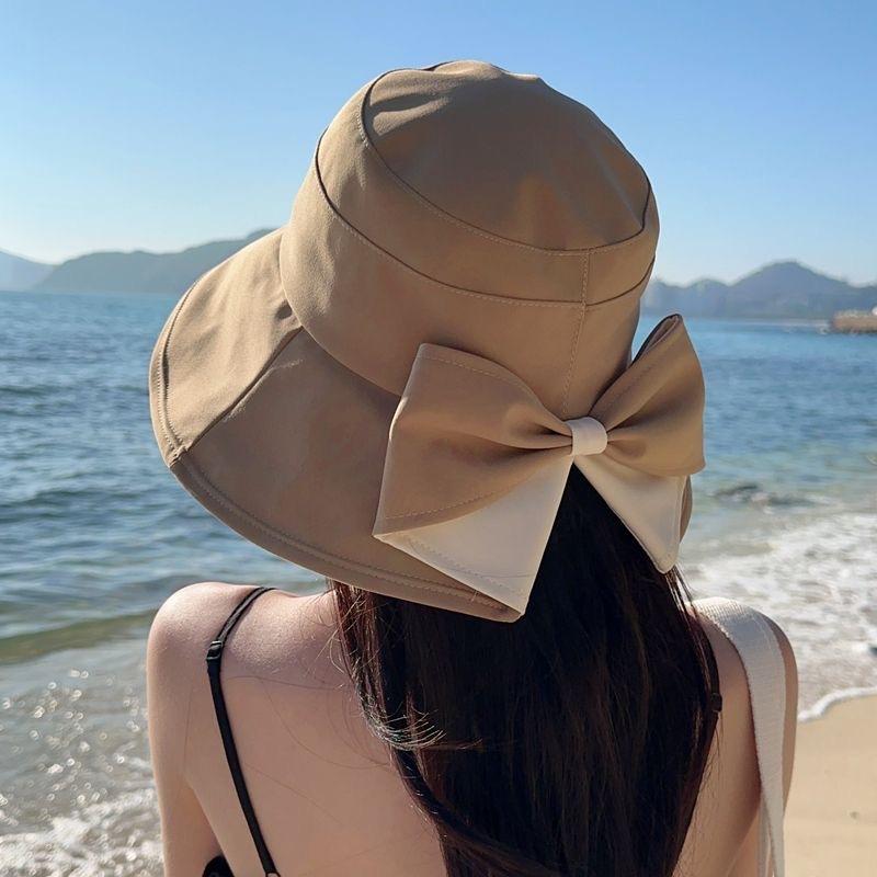 Summer Bow Women Bucket Hat Sweet Cotton Flat Top Large Brim Fishermen Caps Girls Outdoor Beach Travel Fordable Ponytail Sun Hat